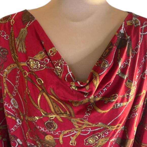 Talbots Red Equestrian Print Drape Front 3/4 Sleeve Top Size XL - Picture 4 of 7